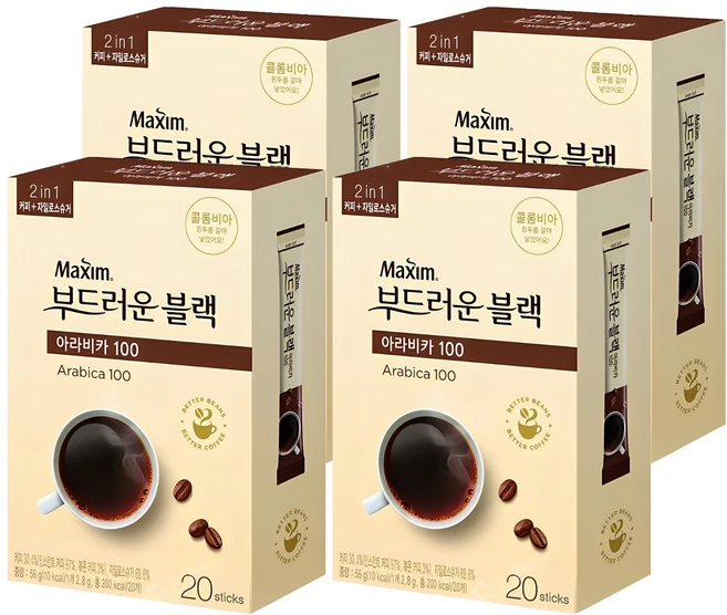 맥심 부드러운 블랙 아라비카100 원두커피믹스, 2.8g, 20개입, 4개 - 쿠팡