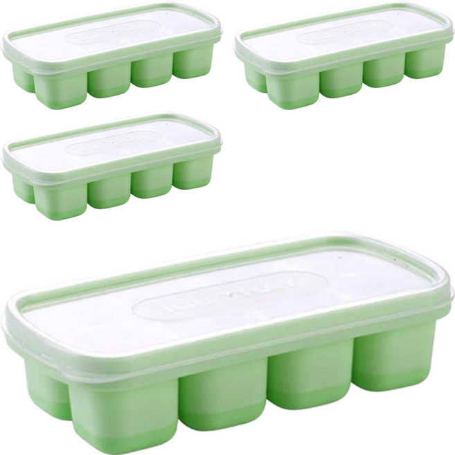 按壓冰塊盒 食品級軟膠 一按輕鬆脫模 疊放設計 節省更多空間 可視蓋子, 薄荷綠, 4個