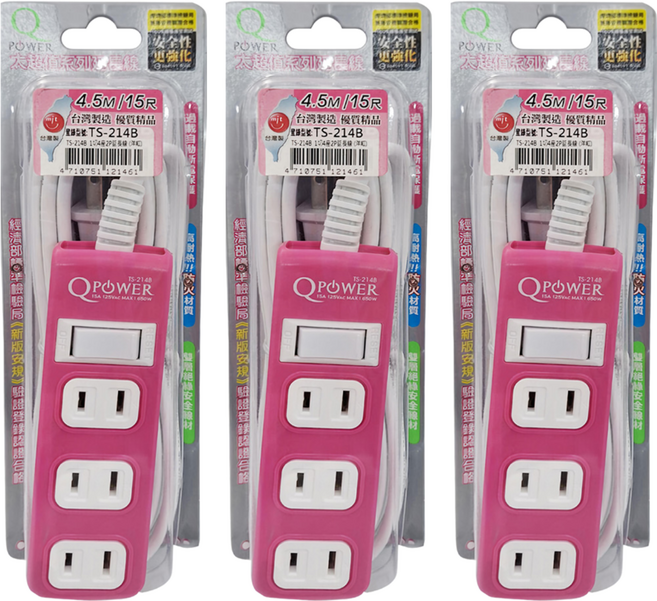 Tyson 太順電業 QPOWER 太超值 1開4插 2孔 延長線插座, 4.5m, 洋紅色, 3條