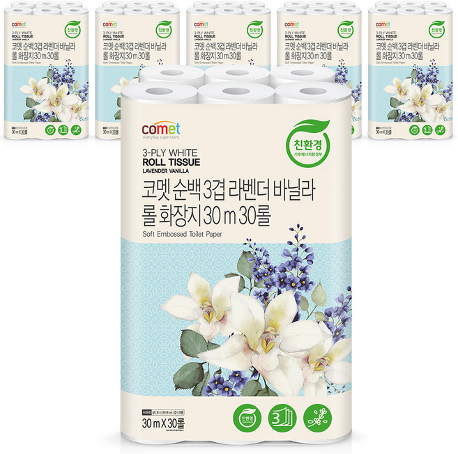 코멧 순백 3겹 라벤더 바닐라 롤화장지, 30m, 30개입, 6개