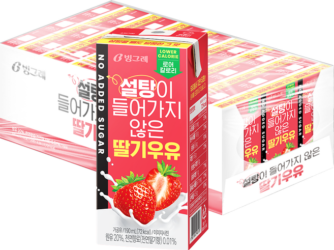 빙그레 설탕이 들어가지 않은 딸기우유, 190ml, 24개