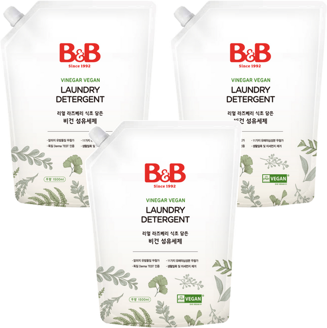 비앤비 리얼 라즈베리 식초 담은 비건 섬유세제 무향 리필, 1.5L, 3개