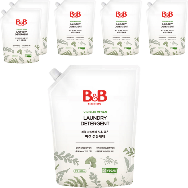 비앤비 리얼 라즈베리 식초 담은 비건 섬유세제 무향 리필, 1.5L, 6개