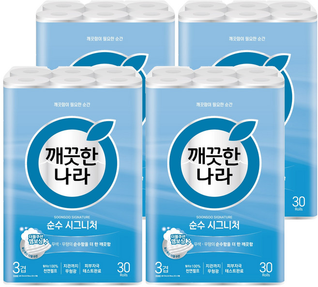 깨끗한나라 순수 시그니처 천연펄프 3겹 화장지, 30m, 30개입, 4개