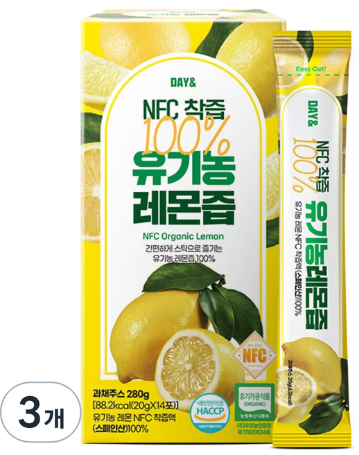 데이앤 NFC 100% 유기농 레몬즙, 280g, 3개
