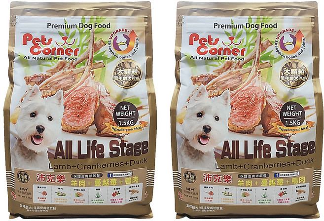 Pets Corner 沛克樂 全齡犬適用 大顆粒 乾飼料, 1.5kg, 2袋, 羊肉 + 蔓越莓 + 鴨肉