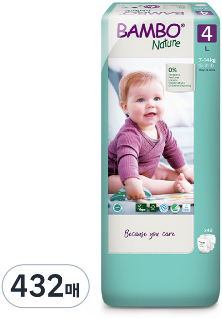밤보네이처 그린 대용량 밴드형 기저귀 아동용, 대형(L), 432매