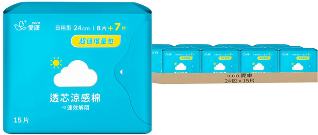 icon 愛康 透芯涼感衛生棉, 日用型(24cm), 15片, 24包