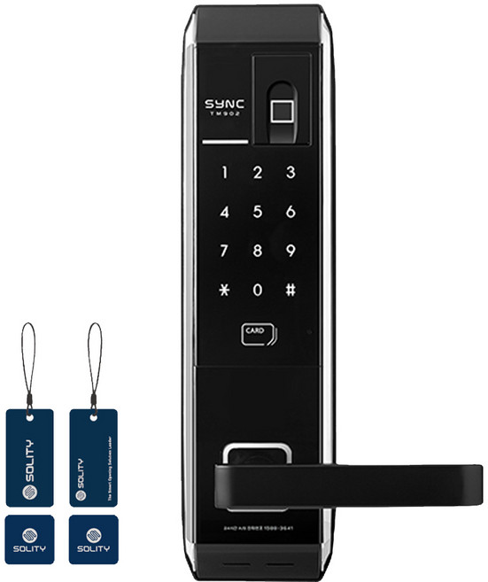 SOLITY 指紋辨識 SYNC 把手型門鎖 掛式鑰匙 2p + 貼紙鑰匙 2p 門鎖 SYNC TM902, 顧客自行安裝