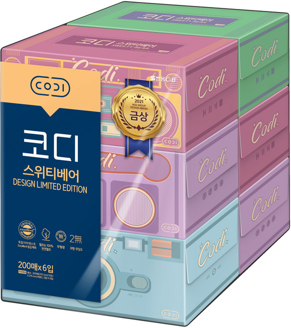 코디 스위티베어 천연펄프 각티슈 2겹, 200매, 6개