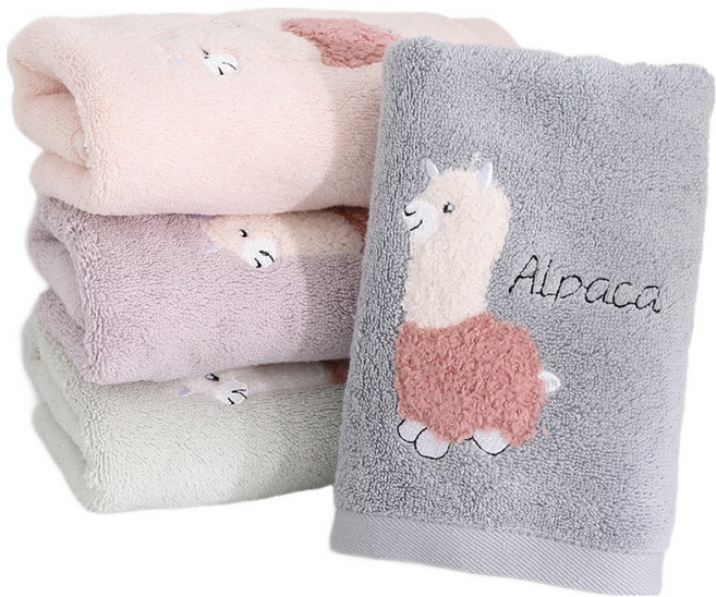 星紅織品 可愛羊駝純棉毛巾 棉紗 4條, 紫色 + 灰色 + 綠色 + 粉色, 1組