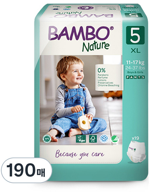 밤보네이처 그린 팬티형 기저귀, 5단계, 190매