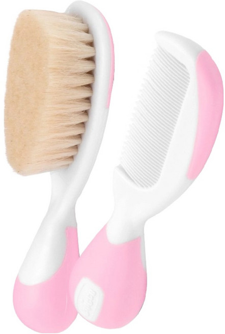 Chicco 嬰兒專用髮梳組 天然山羊毛 嬰幼兒護理 髮梳X1 扁梳X1, 粉色, 1組