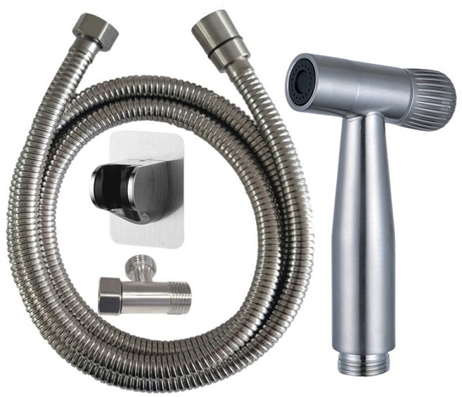 LEADER 麗達 多用途不繡鋼強力清潔沖洗全配組 304沖洗器 + 1.2米沖洗器軟管 + 304三通 + 可調角度黏貼掛座, 銀色