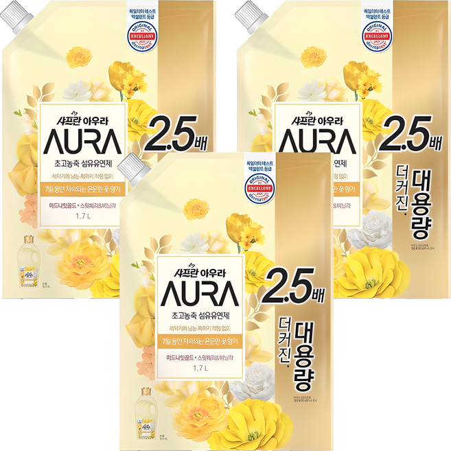 아우라 섬유유연제 미드나잇 골드 알파 리필, 1.7L, 3개