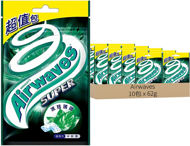 Airwaves Super 極酷嗆涼無糖口香糖 冰炫薄荷, 62g, 10包