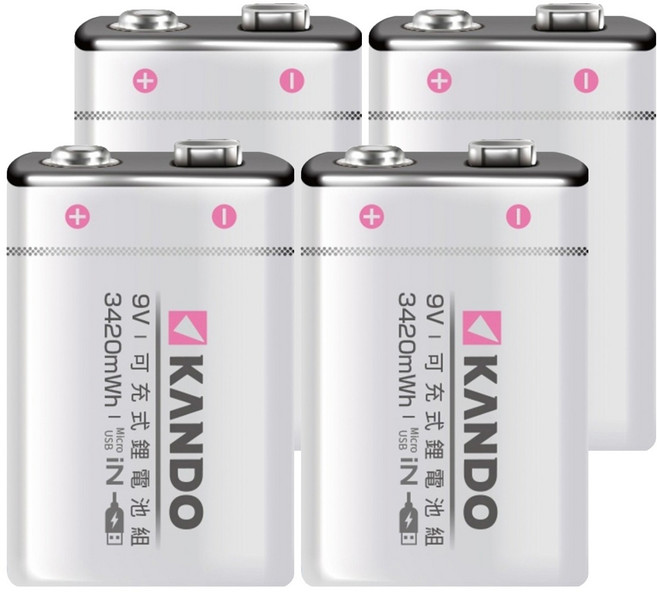 KANDO 感動 方型USB充電式鋰電池 UM-9V, 1入, 4個