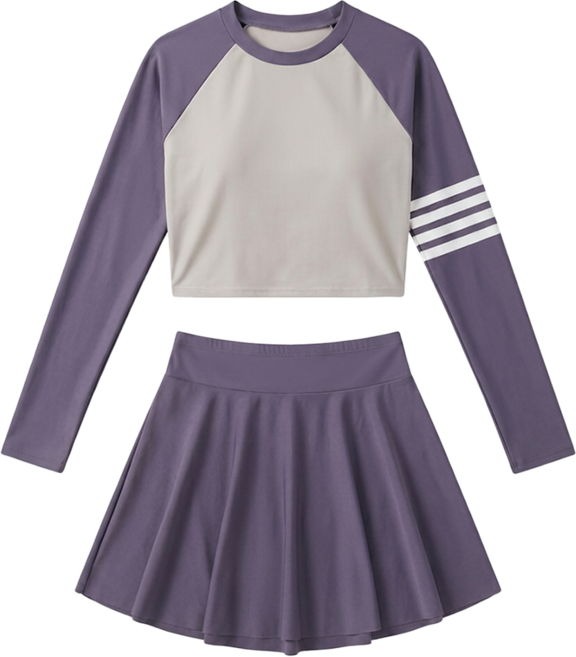 女生分體運動泳衣 長袖分體褲裙套裝 1套, 紫灰色