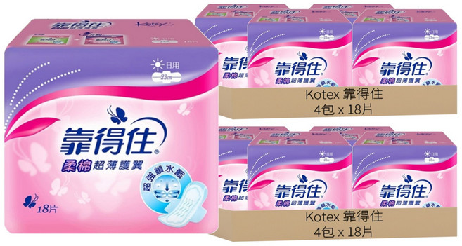 Kotex 靠得住 柔棉超薄護翼衛生棉 日用型, 23cm, 18片, 8包