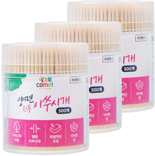 코멧 키친 양면 원통 이쑤시개, 500개입, 3개