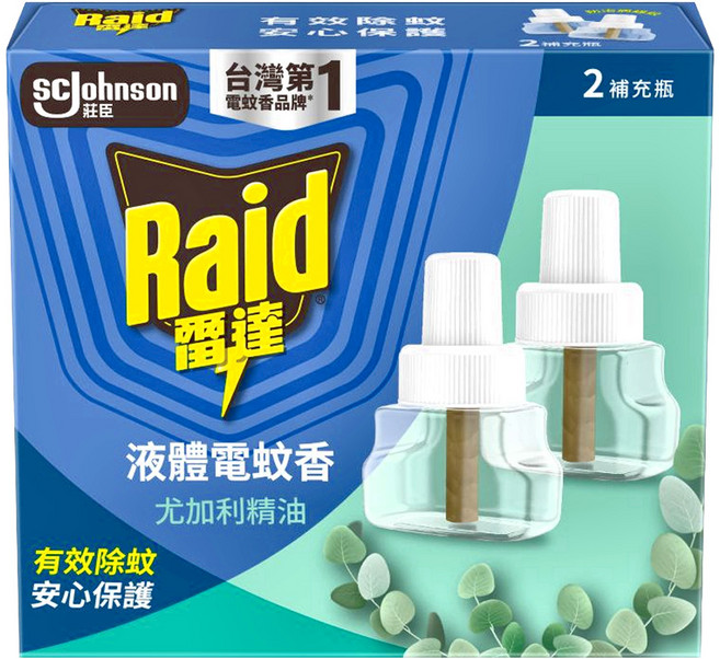 Raid 雷達 薄型液體電蚊香補充瓶 尤加利 2瓶, 82ml, 1盒