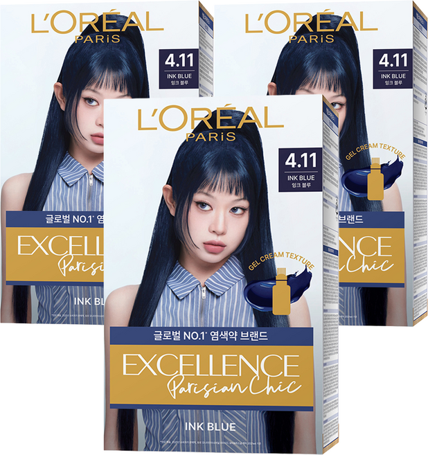 로레알파리 엑셀랑스 파리지앵 시크 라이트닝 톤업 염모제, 4.11호 잉크 블루, 3개