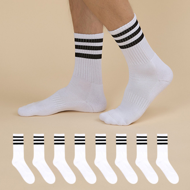 GGRN 남성용 트리플 라인 맨 파일 쿠션 크루 스포츠 양말 8켤레 세트
