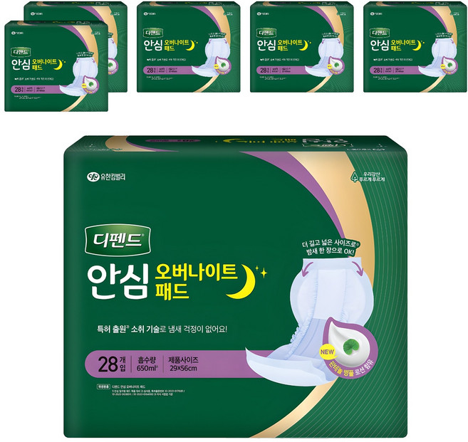 디펜드 남녀공용 안심 오버나이트 패드 성인기저귀, 28개입, 6개