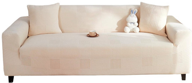 好物良品 輕奢格紋系列 雙人座 防貓抓系列高彈力立體提花彈力沙發罩 附抱枕套 + 泡棉條, 米白色