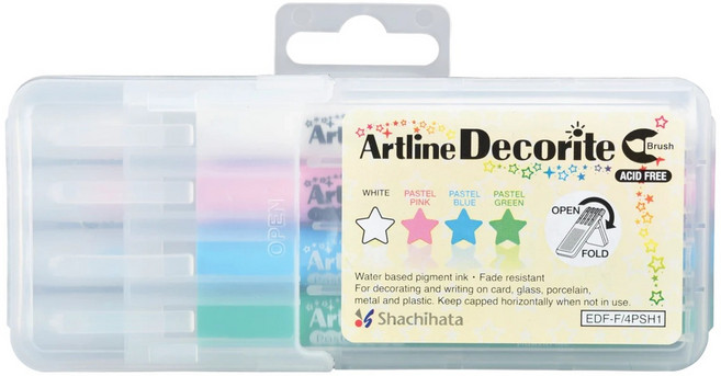 Shachihata 寫吉達 Artline Decorite 毛刷型螢光水板筆套裝 可用於卡片、玻璃、瓷器、金屬和塑料, 4支, 粉彩