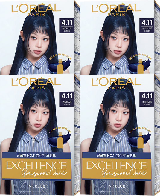 로레알파리 엑셀랑스 파리지앵 시크 라이트닝 톤업 염모제, 4.11호 잉크 블루, 4개