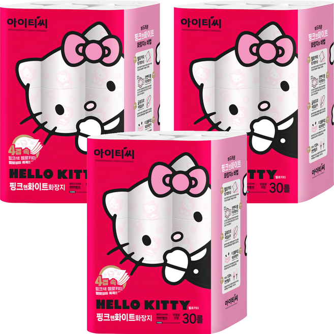 ITC 헬로키티 핑크앤화이트 천연펄프 4겹 화장지, 20m, 30개입, 3개