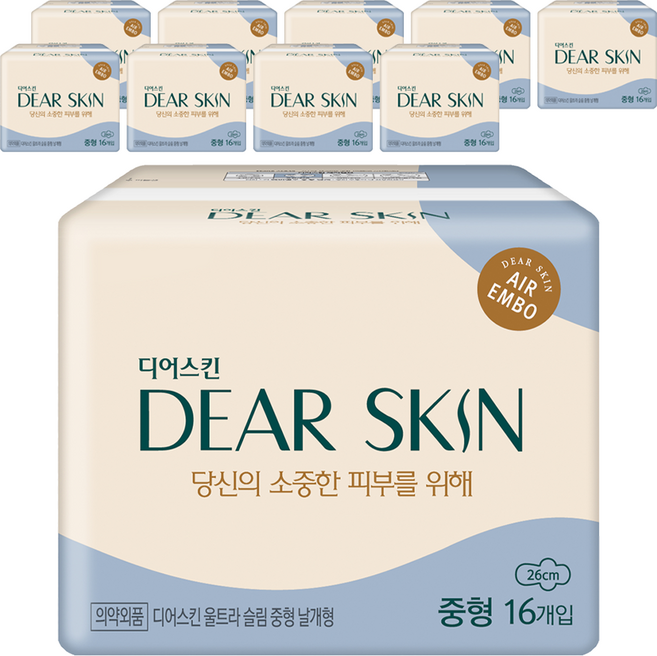 디어스킨 에어엠보 울트라 슬림 생리대 날개형, 중형, 16개입, 10개