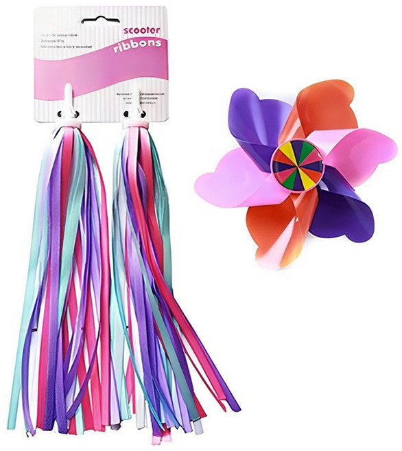 兒童滑板車風車彩帶緞帶配件組, 粉色 + 紫色 + 藍綠色, 1組