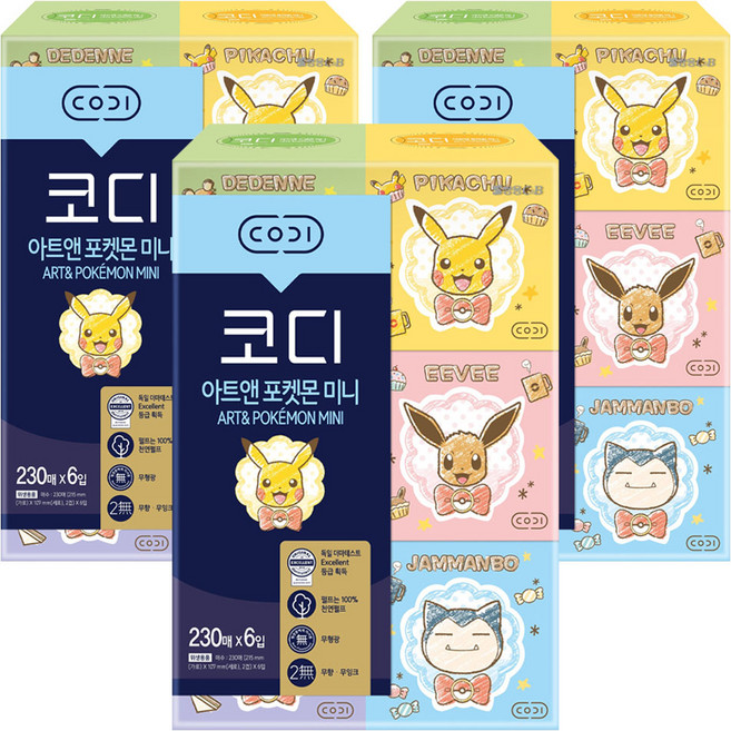 코디 아트앤 포켓몬 미니 천연펄프 각티슈 2겹 랜덤발송, 230매, 18개