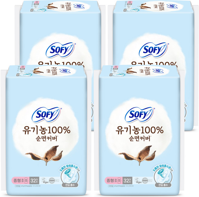 쏘피 유기농 순면커버 슬림 생리대 날개형, 중형, 32개, 4개