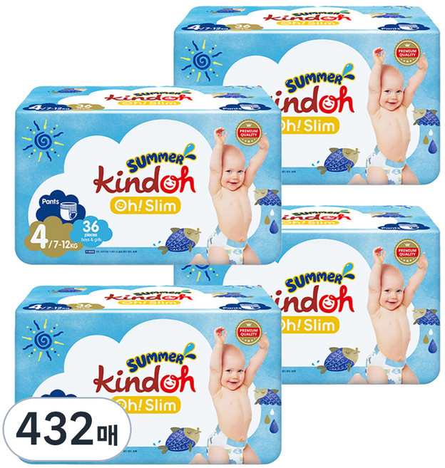 킨도 프리미엄 오 슬림 썸머팬츠 팬티형 기저귀, 4단계, 432매