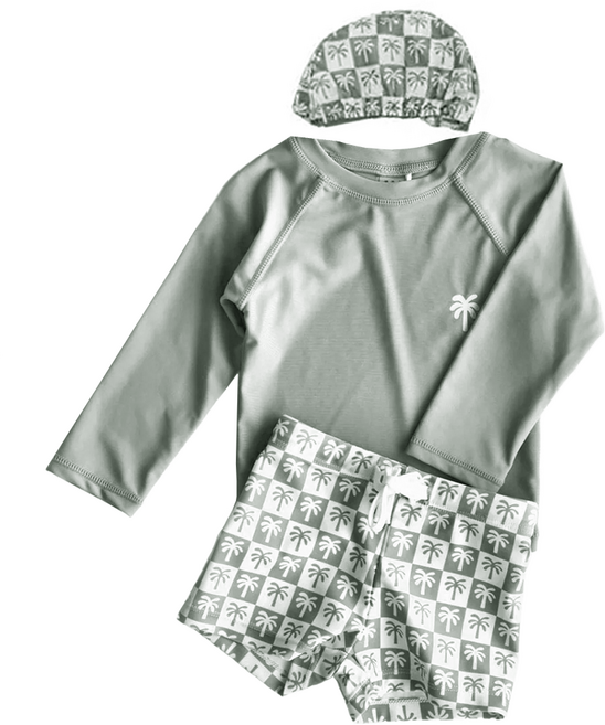 男童長袖分體泳衣 + 泳褲 + 泳帽有綁帶