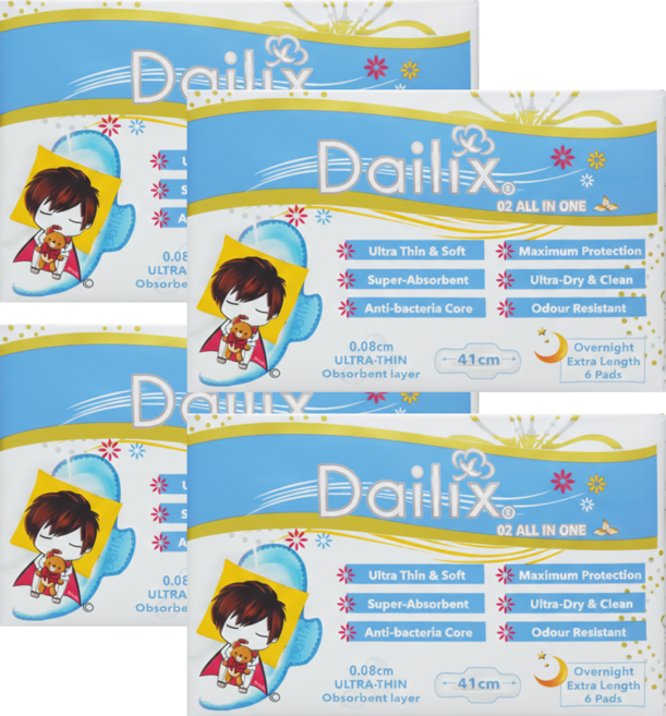 Dailix 吸血鬼超瞬吸 抑菌淨味乾爽 衛生棉 0.08cm超薄 SGS認證抑菌, 夜用超長型(41cm), 6片, 4包