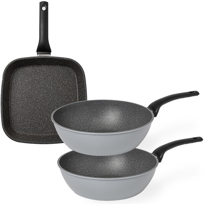 퀸센스 데일리 프라이팬 세트 3개, 그레이, 사각팬 27cm + 궁중팬 28cm 2p, 1세트