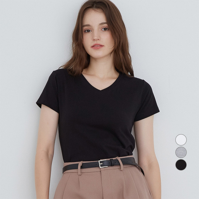 ELLE PARIS 여성용 통기성 여성용 스트레치 브이넥 반팔 티셔츠