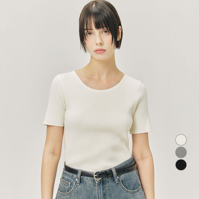 ELLEPARIS 여성용 RNP 립 쫀쫀 라운드넥 기본 반팔 스웨터 니트