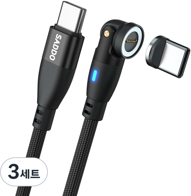 사또 PD 100W 540도 회전형 마그네틱 케이블 + C타입 커넥터 세트, 3세트, 블랙, 2m