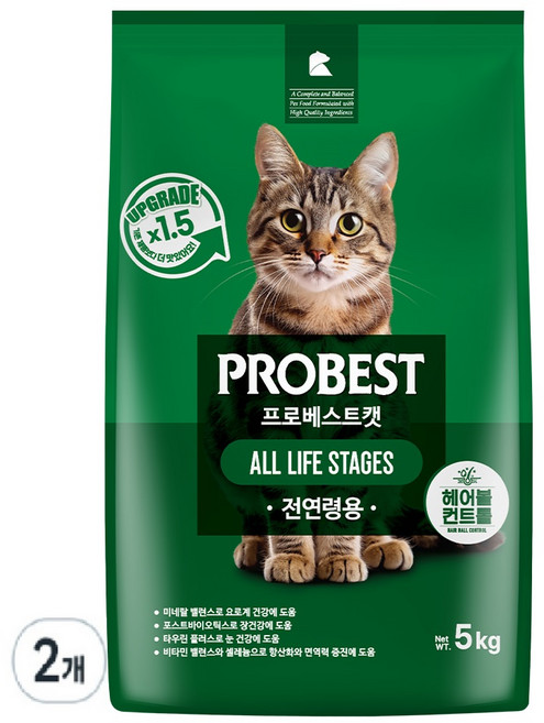 프로베스트 고양이 그린 전연령 기능성 사료, 헤어볼+장건강, 5kg, 2개