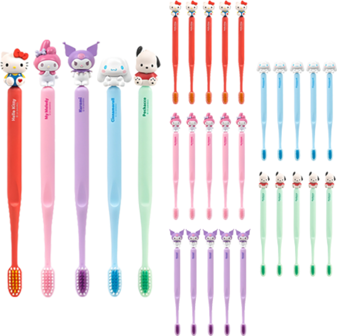 ATEX 6歲以上專用三麗鷗角色牙刷組, Hello Kitty+美樂蒂+酷洛米+大耳狗+帕恰狗, 5支, 6組