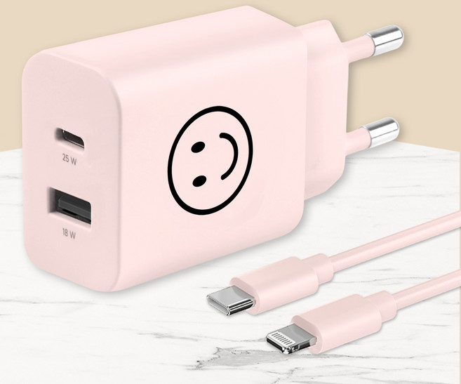 모잇 PD25W 2포트 PPS 초고속충전기 + 8핀 라이트닝 아이폰 케이블, 핑크 스마일, 1세트