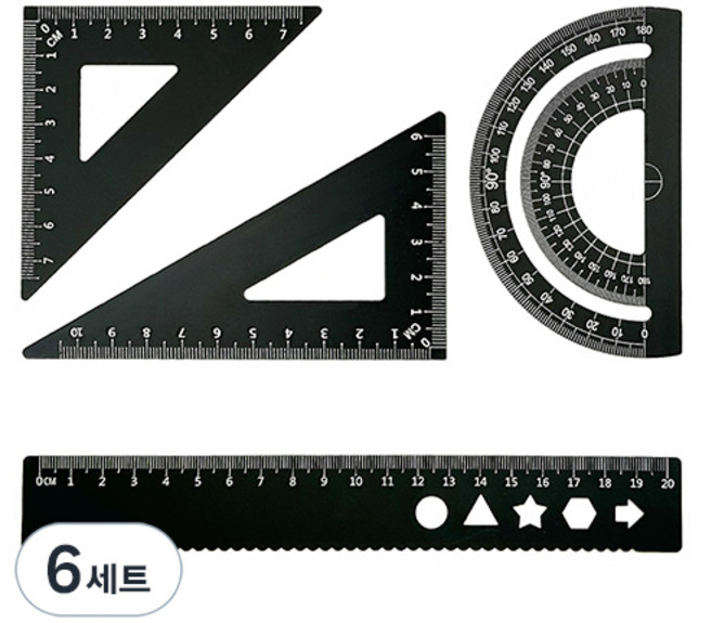 디엔오 스테인레스 삼각자 + 각도기 + 자 세트, 블랙, 6세트