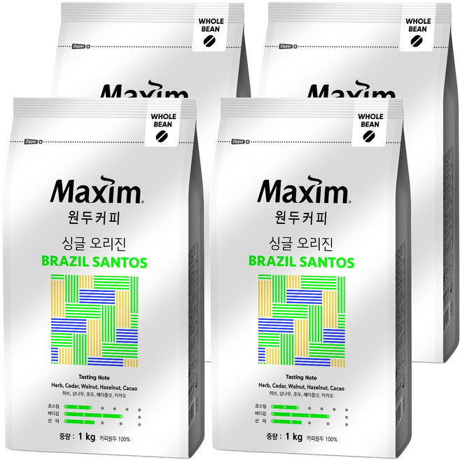 맥심 싱글 오리진 브라질 산토스 원두커피, 1kg, 4개, 홀빈(분쇄안함)