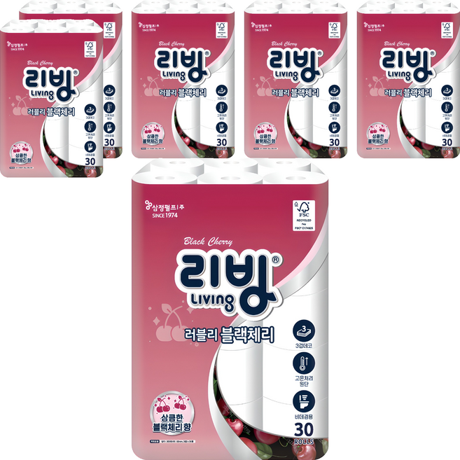 리빙티슈 3겹 러블리 블랙체리 고급롤화장지, 30m, 30롤, 6세트