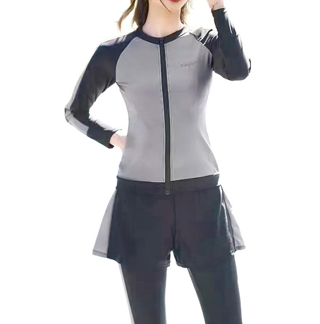 愛北鼻 女款成人長袖分體泳衣5件組, 灰黑色